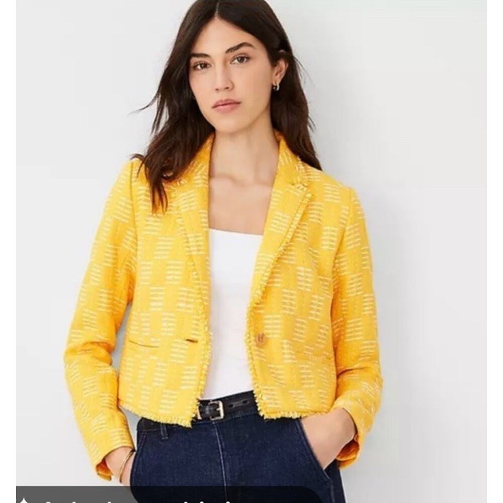 Ann Taylor Cropped Tweed Blazer Sz 16P Fringe Trim Festival Officecore Workwear